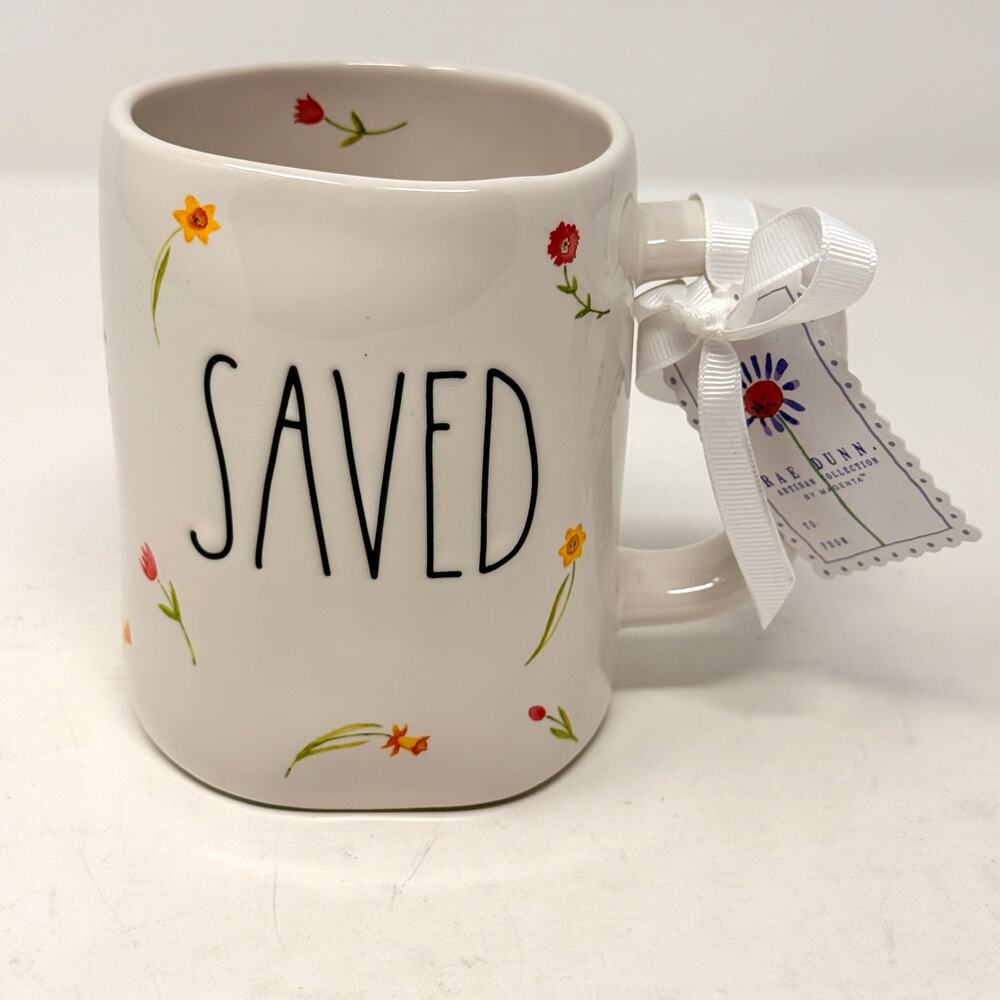 Rae Dunn SAVED Mug Floral Tulip Carnation Print Magenta NWT Farmhouse Ceramic